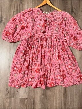 Dolma Pink Cotton Puff Sleeves Mini Dress Delicate